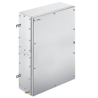 Ein rechteckiger, silberner Metallkasten mit Schrauben an den Rändern. Möglicherweise ein Gehäuse für technische Geräte.