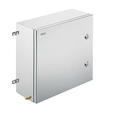 Metallischer Gehäusekasten mit glatter Oberfläche, Wandmontagehalterungen, zwei runden Griffen und einem kleinen Ventil an der Unterseite links.