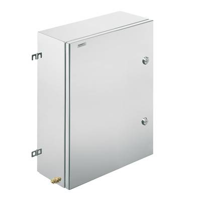 Metallischer Schaltschrank mit glatter Oberfläche, zwei Verschlüssen und einem Kabelanschluss an der Unterseite.