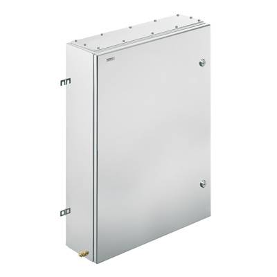 Metallener Schaltschrank mit glatter Oberfläche und seitlichen Befestigungsklammern.