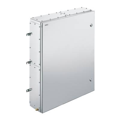 Ein rechteckiger, silberner Metallkasten, möglicherweise ein Gehäuse oder Schrank, mit Schrauben an den Rändern und Befestigungselementen.