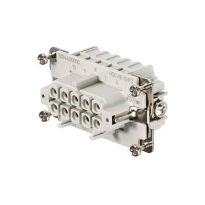 Ein rechteckiger mehrpoliger Steckverbinder mit zwölf kreisförmigen Kontakten, montiert auf einer Metallplatte.