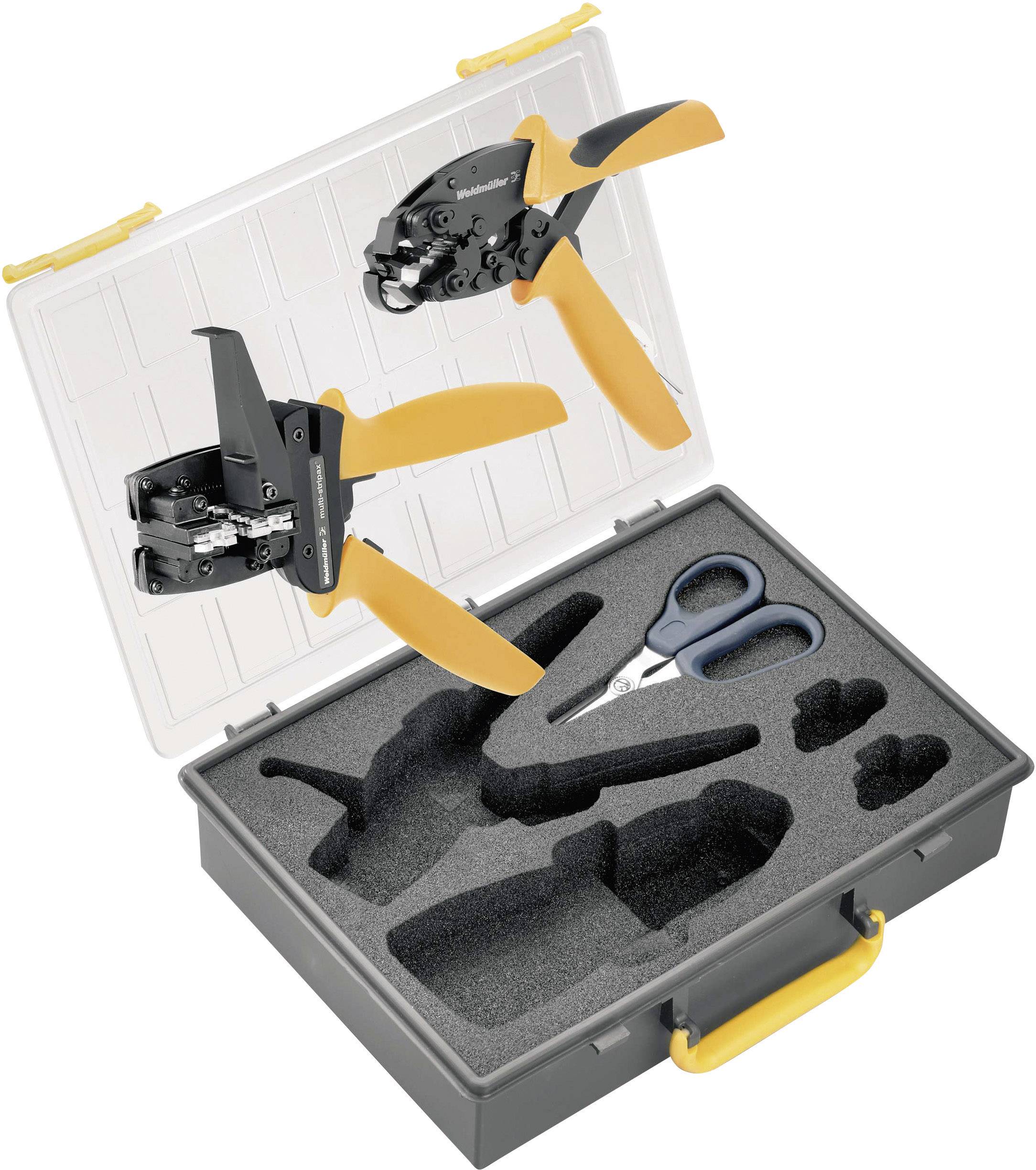 Werkzeugkoffer mit Abisolierzangen, Schere und Formteilen in Schaumstoffeinlage, geöffnet zur Ansicht des Inhalts.