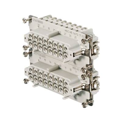 Elektrischer Steckverbinder mit mehreren Anschlüssen und Schraubverschlüssen, geeignet für industrielle Anwendungen.