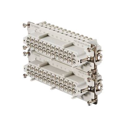 Ein zweireihiger elektrischer Steckverbinderblock mit nummerierten Anschlussklemmen und Scharnieren zur Befestigung.