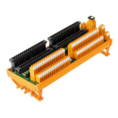 Elektronische Anschlussklemmenleiste in Gelb und Schwarz, montiert auf einer Halterung. Dient der sicheren Verkabelung in Schaltschränken.