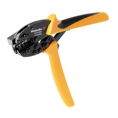 Eine orangene Crimpzange mit schwarzem Griff, die zum Verbinden von elektrischen Kabeln genutzt wird.