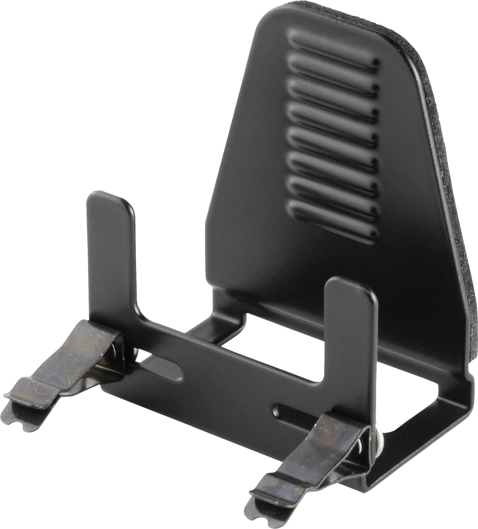 Ein schwarzer Metallhalter mit zwei Clips, die wahrscheinlich zur Befestigung oder Unterstützung eines Objekts dienen.