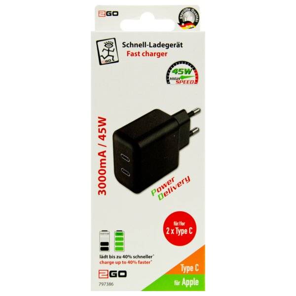 2GO Netz-Ladegerät USB-C 2 x USB-C / schwarz 3000 mA / 45W