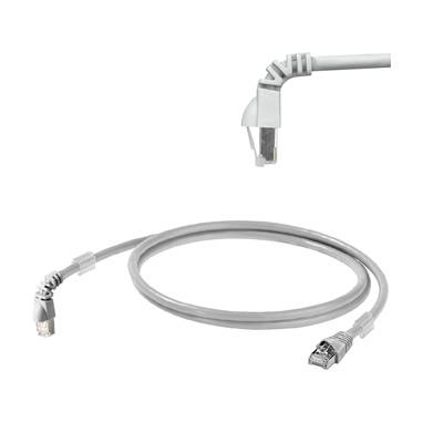 Ein graues Netzwerkkabel mit RJ45-Steckern an beiden Enden, eines davon ist rechtwinklig gebogen. Ideal für enge Platzverhältnisse.
