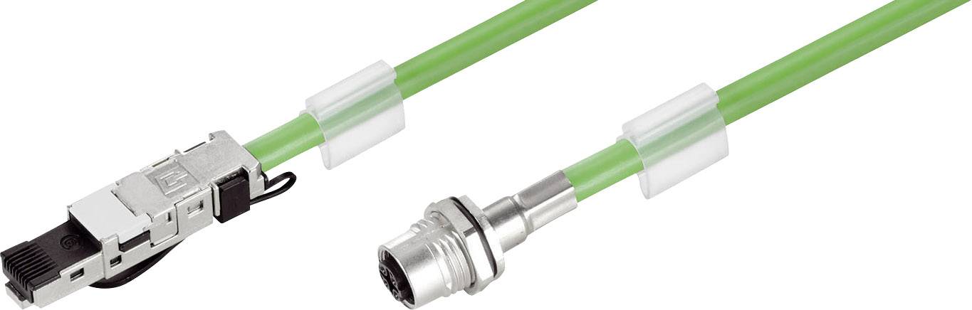 Ein grünes Datenkabel mit RJ45- und rundem M12-Stecker, geeignet für industrielle Netzwerkanwendungen.
