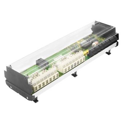 Elektronische Leiterplatte in einem transparenten Gehäuse mit mehreren Anschlüssen. Dient zur Steuerung technischer Prozesse.