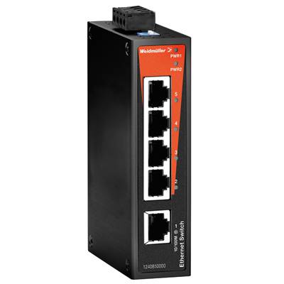 Industrieller Ethernet-Switch von Weidmüller mit fünf Ethernet-Ports, geeignet für den Einsatz in Netzwerkinstallationen.