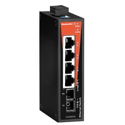 Industrie-Ethernet-Switch mit fünf RJ45-Ports, geeignet für robuste Netzwerkverbindungen und industrielle Anwendungen.