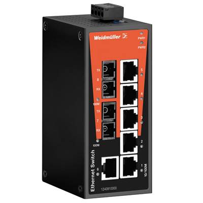 Ein schwarzer Ethernet-Switch von Weidmüller mit acht RJ-45-Anschlüssen und Status-LED-Anzeigen für Stromversorgung und Datenübertragung.