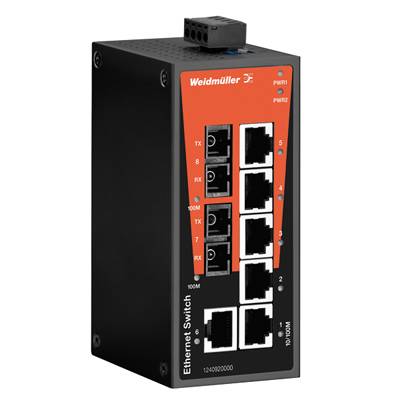 Industrieller Ethernet-Switch mit acht Ports, zwei davon optisch. Schwarz-orangefarbenes Gehäuse mit Weidmüller-Logo.