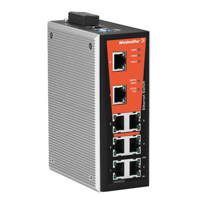 Industrie-Ethernet-Switch von Weidmüller mit mehreren RJ45-Ports, geeignet für Netzwerkverbindungen in industriellen Umgebungen.