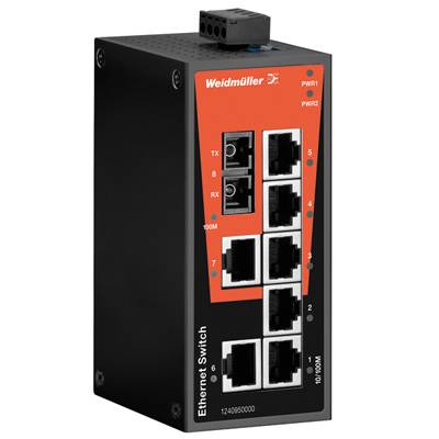 Ein Ethernet-Switch von Weidmüller mit mehreren RJ45-Anschlüssen und einer LED-Anzeige für Datenübertragung und Netzwerkaktivität.