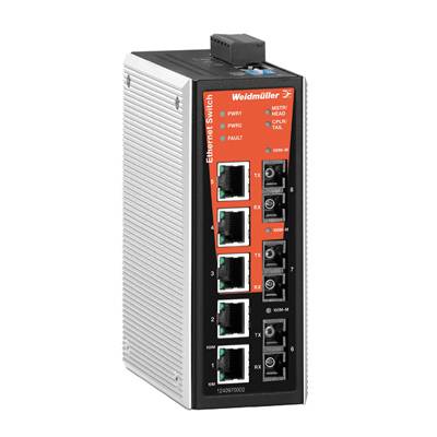 Ein industrieller Ethernet-Switch von Weidmüller mit mehreren Netzwerkanschlüssen, LED-Anzeigen für Status und Funktionalität.