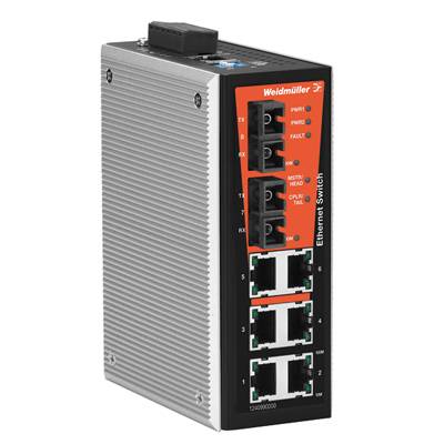 Industrieller Ethernet-Switch von Weidmüller mit mehreren Netzwerkanschlüssen, geeignet für den Einsatz in industriellen Umgebungen.