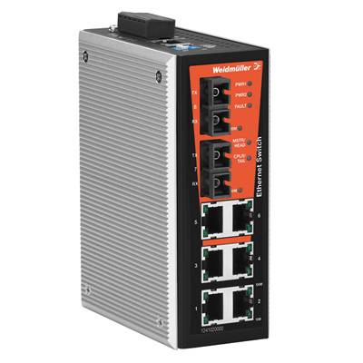 Ein industrieller Ethernet-Switch mit mehreren Netzwerkanschlüssen für die Datenkommunikation in anspruchsvollen Umgebungen.
