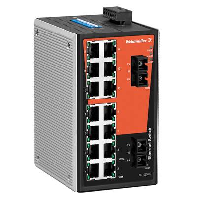 Ein industrieller Ethernet-Switch der Firma Weidmüller mit 16 Ports, geeignet für Netzwerkverbindungen in industriellen Anwendungen.