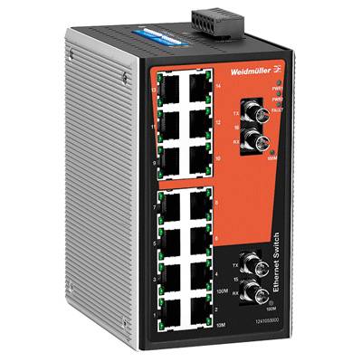 Ein Ethernet-Switch mit mehreren RJ45-Ports und LED-Anzeigen zur Netzwerkverbindung. Modellname und Hersteller oben.