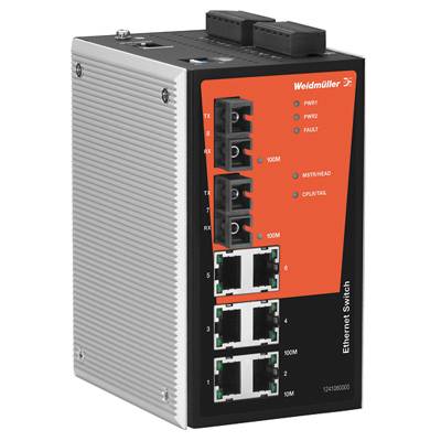 Ein industrieller Ethernet-Switch von Weidmüller mit acht Ports und Statusanzeigen für Strom, Fehler und Verbindungen.