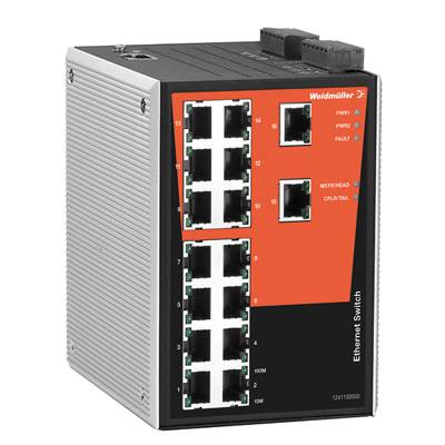 Industrie-Ethernet-Switch mit 16 Ports und robustem Gehäuse, geeignet für komplexe Netzwerkumgebungen.