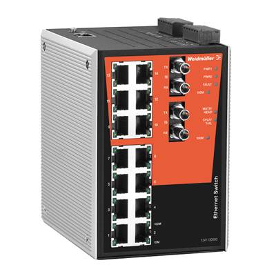 Ein Ethernet-Switch von Weidmüller mit 16 Ports, Statusleuchten und einem schwarzen, rot akzentuierten Design.