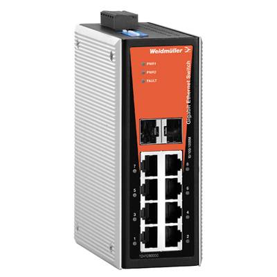 Weidmüller Gigabit Ethernet Switch, industrielles Design mit mehreren Netzwerkanschlüssen, orange und graues Gehäuse.