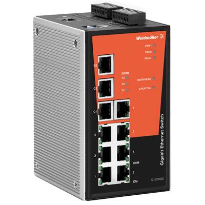 Ein Gigabit-Ethernet-Switch von Weidmüller mit acht Ports auf der Vorderseite, geeignet für industrielle Netzwerkanwendungen.
