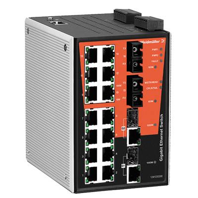 Ein silberner, rechteckiger Gigabit Ethernet Switch mit mehreren Ethernet-Anschlüssen und LED-Anzeigen auf der Vorderseite.