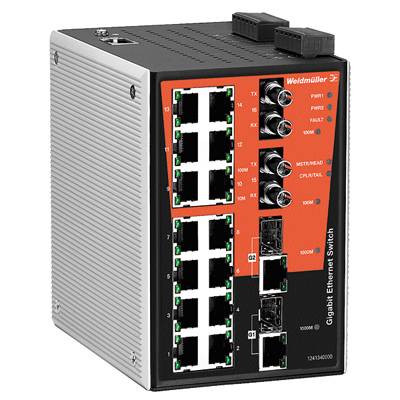 Ein Gigabit-Ethernet-Switch von Weidmüller mit 16 Ports und LED-Statusanzeigen, für industrielle Netzwerke.