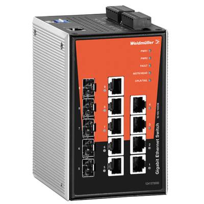 Industrieller Gigabit-Ethernet-Switch mit zehn Anschlüssen, zwei optische Ports oben; Gerätegehäuse aus Metall, kompakt für Schaltschränke geeignet.