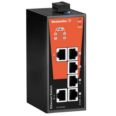 Ein schwarzer Ethernet-Switch von Weidmüller mit sechs Ethernet-Ports und PoE+ Unterstützung, geeignet für industrielle Netzwerke.