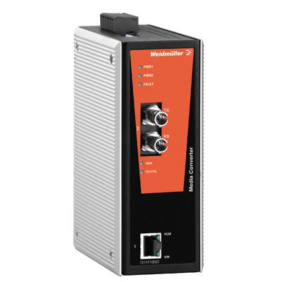 Ein Weidmüller Medienkonverter mit Ethernet- und Glasfaseranschlüssen. Das Gerät zeigt vier Status-LEDs für Stromversorgung und Netzwerkaktivität.