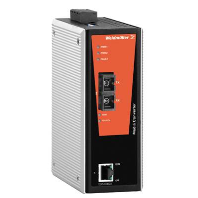 'Weidmüller Medienkonverter' mit LED-Anzeigen für Strom, Fehler und Verbindung, Ethernet-Port unten. Silbernes Gehäuse.