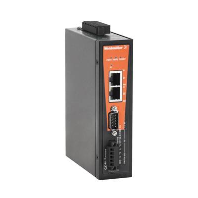 Industriegerät mit Ethernet-Ports und Steckverbindungen für industrielle Netzwerkanwendungen. Markiert mit 'Weidmüller'.