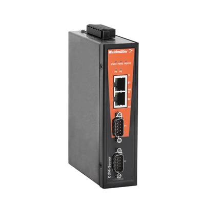 Ein industrieller Ethernet-zu-Seriell-Adapter von Weidmüller mit zwei Ethernet-Ports und zwei seriellen Anschlüssen für Netzwerkanbindung.