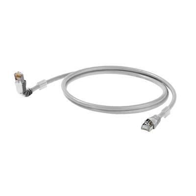 Ein graues Ethernet-Kabel mit zwei RJ45-Steckern an beiden Enden, verwendet zur Verbindung von Netzwerkgeräten wie Computern oder Routern.