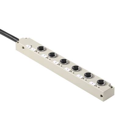 Beige Verteilerblock mit sechs runden Anschlüssen und einem Kabel für elektrische Geräte.