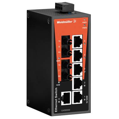 Ein industrieller Ethernet-Switch von Weidmüller mit mehreren RJ-45-Anschlüssen zur Datenverteilung in Netzwerken.