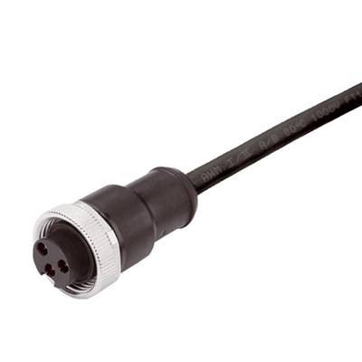 Ein schwarzer, runder Steckverbinder mit metallischem Gewinde. Am Kabel sind Markierungen erkennbar.
