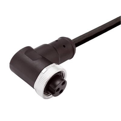 Schwarzer gewinkelter Stecker mit silbernem Ringanschluss und schwarzem Kabel