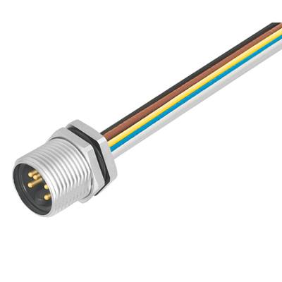 Ein mehrpoliger elektrischer Stecker mit mehreren farbigen Kabeln, geeignet für industrielle Verbindungen.