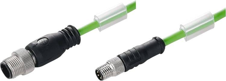 Zwei grüne elektrische Kabel mit Steckverbindern. Links ein größerer, schwarzer Stecker, rechts ein kleinerer Stecker.