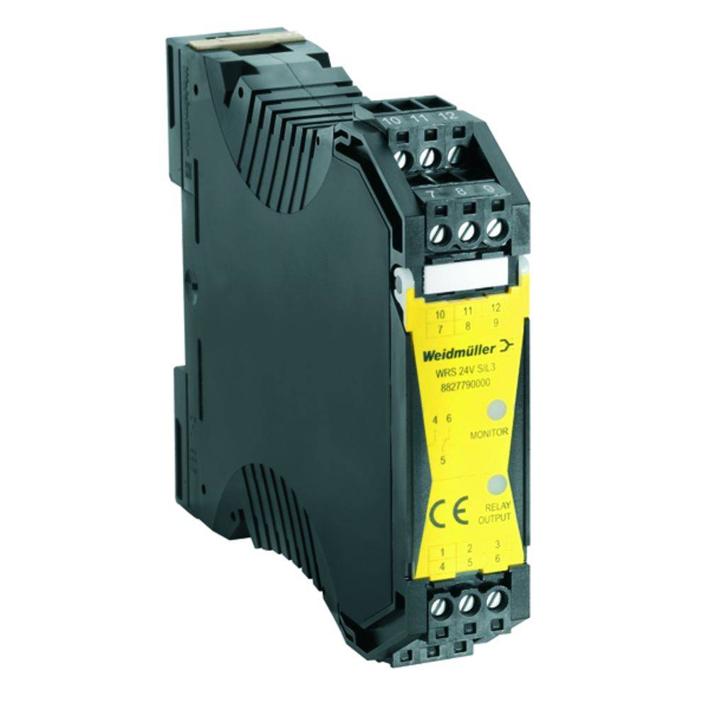 Kompaktes elektrisches Gerät, schwarz mit gelber Beschriftung, 11 Anschlüsse, als Sicherheitsrelais von Weidmüller gekennzeichnet.