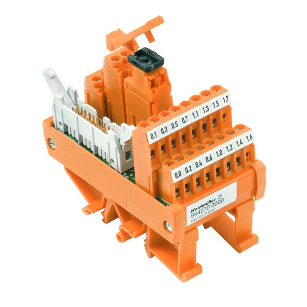 Ein orangefarbener, modularer Reihenklemmenblock mit Beschriftungen von 0,1 bis 1,7 auf den Klemmen. Elektrikzubehör von Weidmüller.