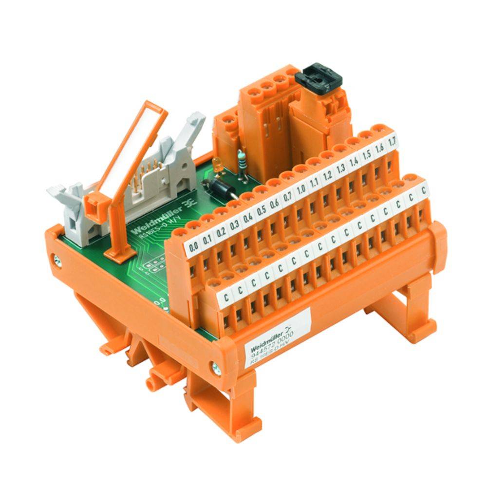 Oranges elektrisches Interface-Modul mit mehreren Anschlussklemmen, geeignet für den Aufbau von elektronischen Schaltungen.